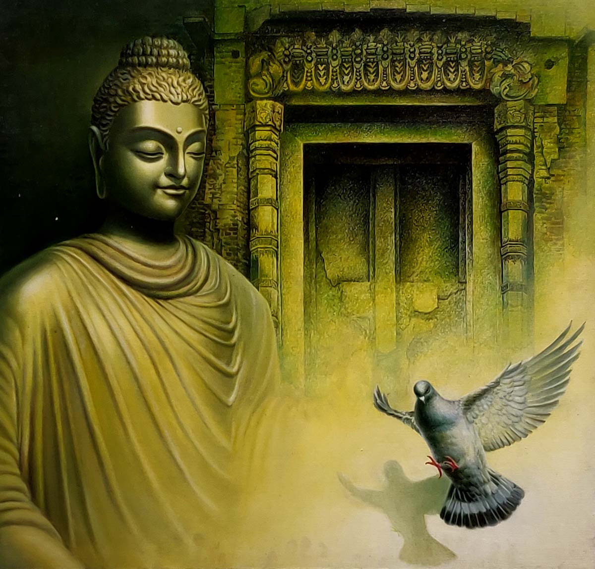 Figurative Painting with Acrylic on Canvas "Buddha-3" art by Aninda Adhikary