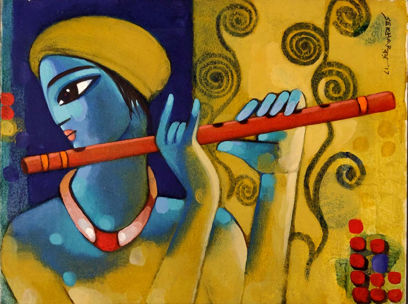 Figurative Painting with Acrylic on Canvas "Krishna-1" art by Aninda Adhikary