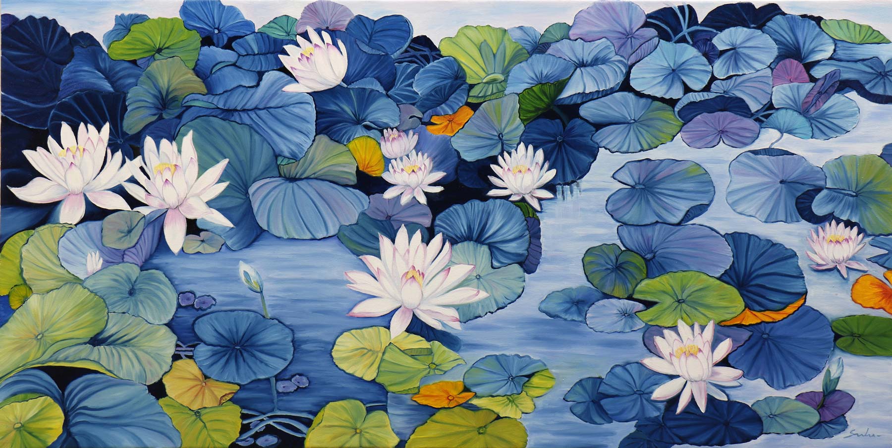 Realism Painting with Oil on Canvas "Lotus Pond 5" art by Sulakshana Dharmadhikari