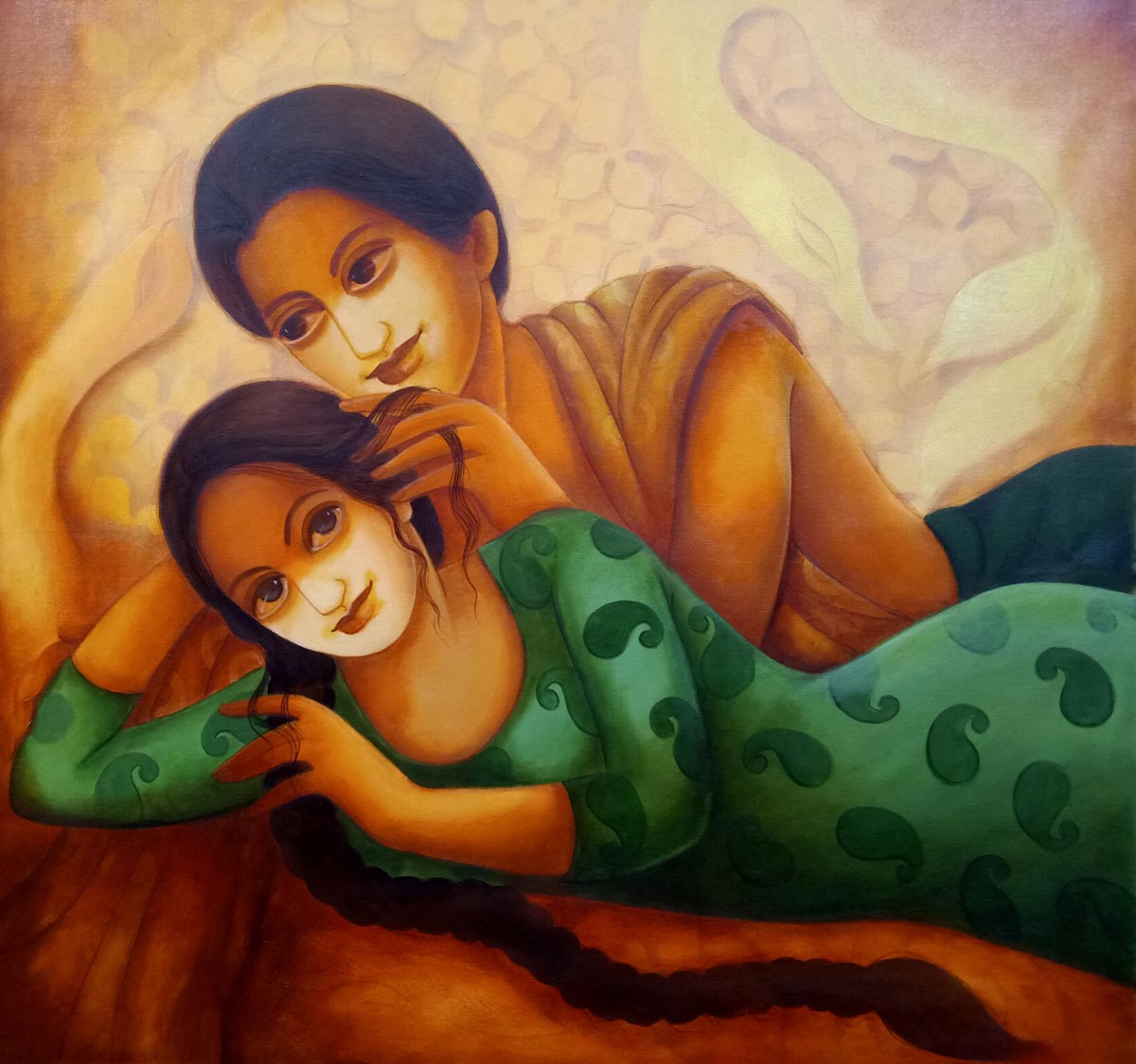 Figurative Painting with Acrylic on Canvas "Intimate Love-2" art by Monalisa Sarkar Mitra