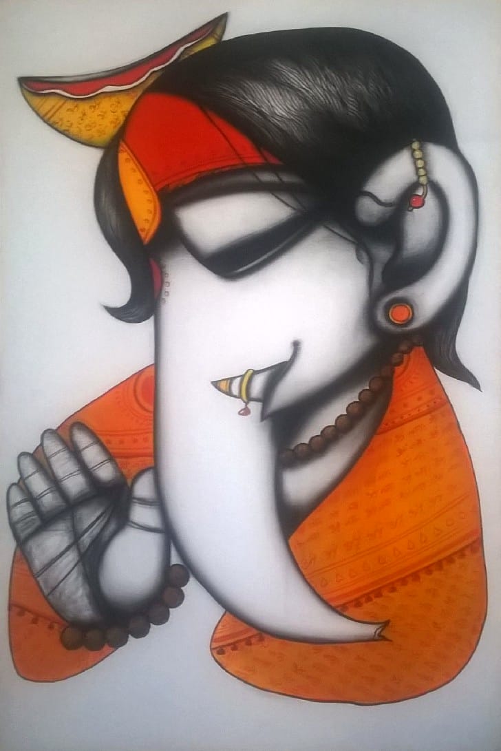 Figurative Painting with Acrylic on Canvas "Ganesha-2" art by Arvind Rajaram Mahajan
