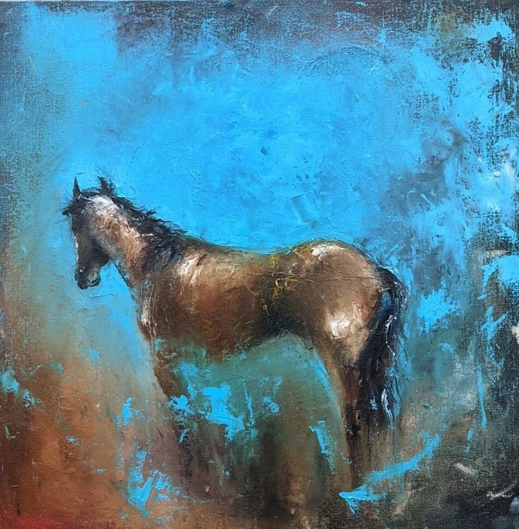 Semi Figurative Painting with Oil on Canvas "Horse" art by Shiv Lal Bagria