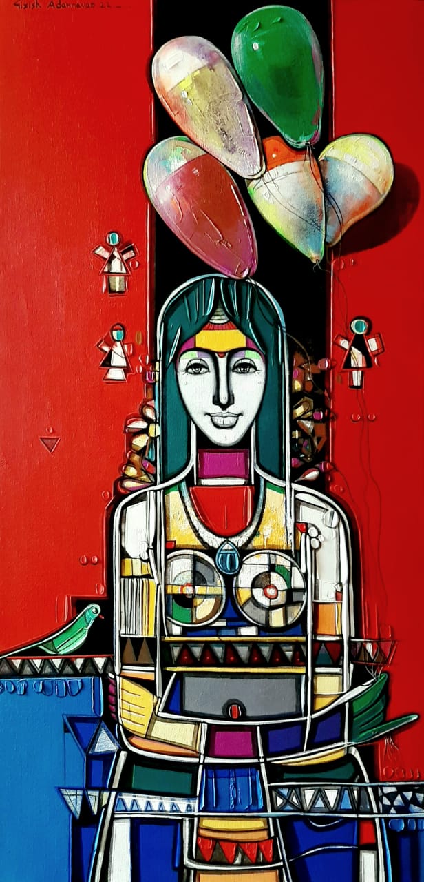 Figurative Painting with Acrylic on Canvas "Lady with Balloons" art by Girish Adannavar 