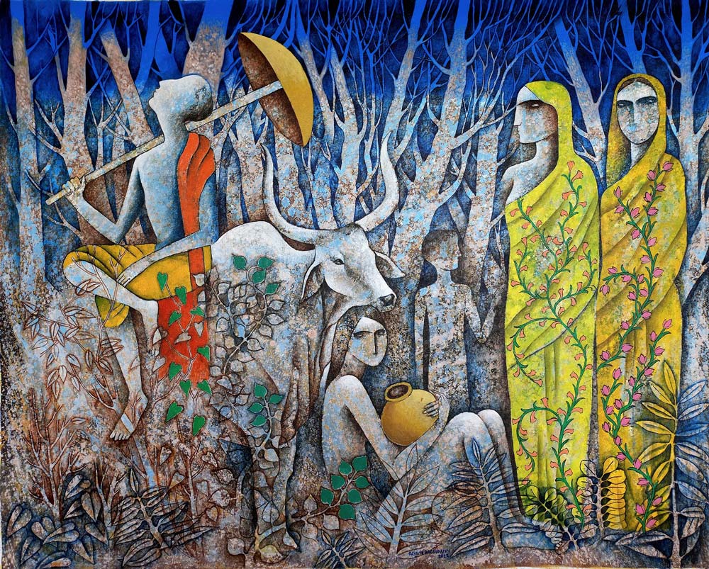Contemporary Painting with Acrylic on Canvas "When they halt in the woods" art by Ranjith Raghupathy