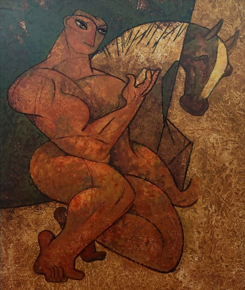 Figurative Painting with Acrylic on Canvas "Man with Horse" art by Ramesh P Gujar