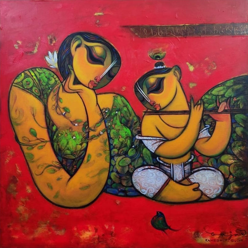 Figurative Painting with Acrylic on Canvas "Mother and Child-2" art by Ramesh P Gujar
