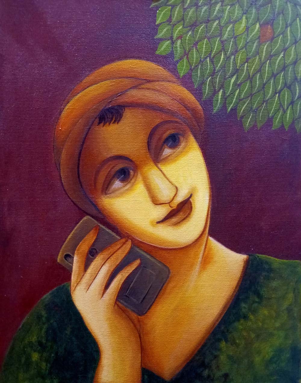 Figurative Painting with Acrylic on Canvas "Contact" art by Monalisa Sarkar Mitra