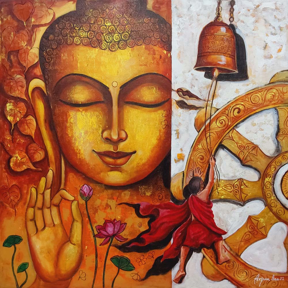 Figurative Painting with Acrylic on Canvas "Devotion of Buddha - 2" art by Arjun Das