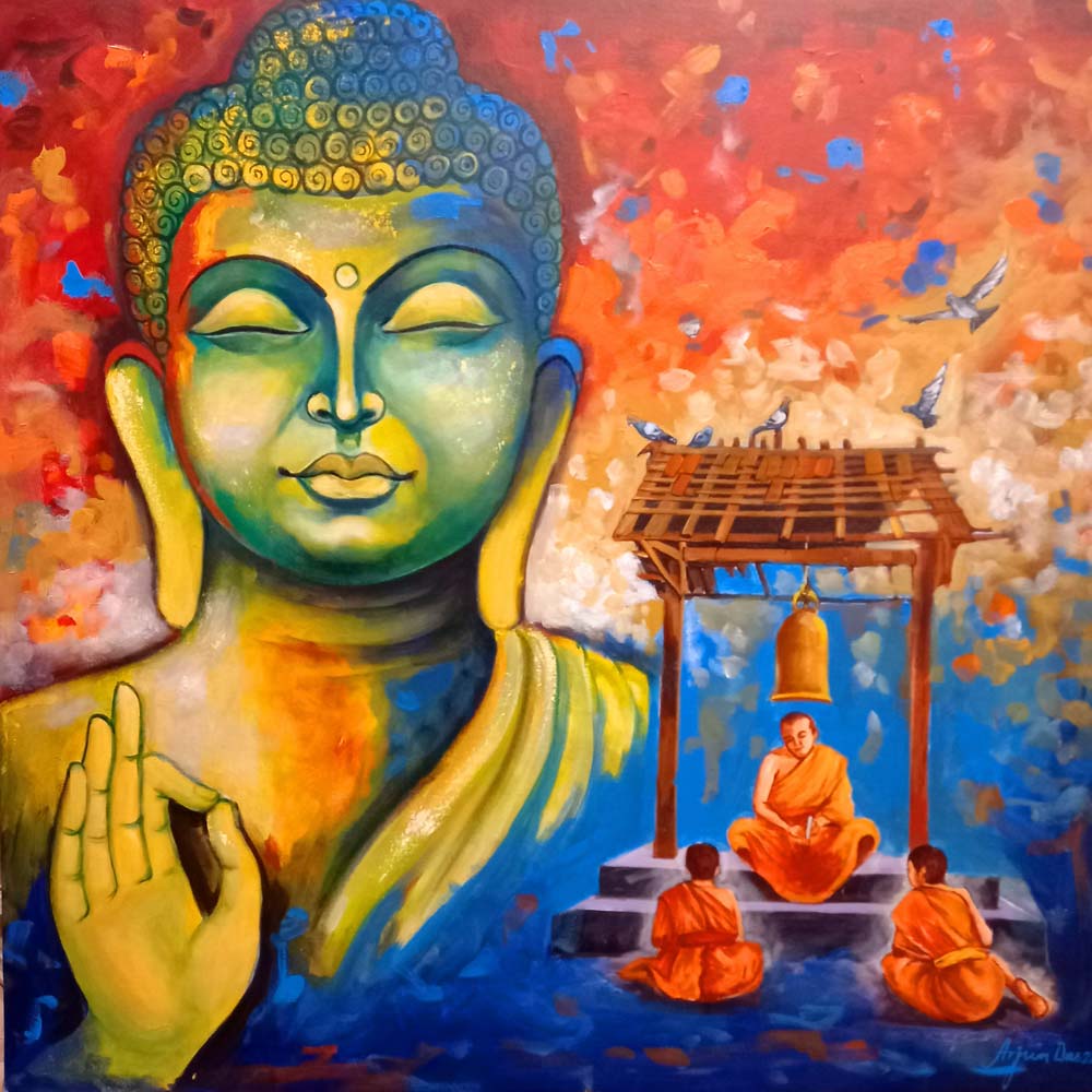 Figurative Painting with Acrylic on Canvas "Devotion of Buddha - 10" art by Arjun Das