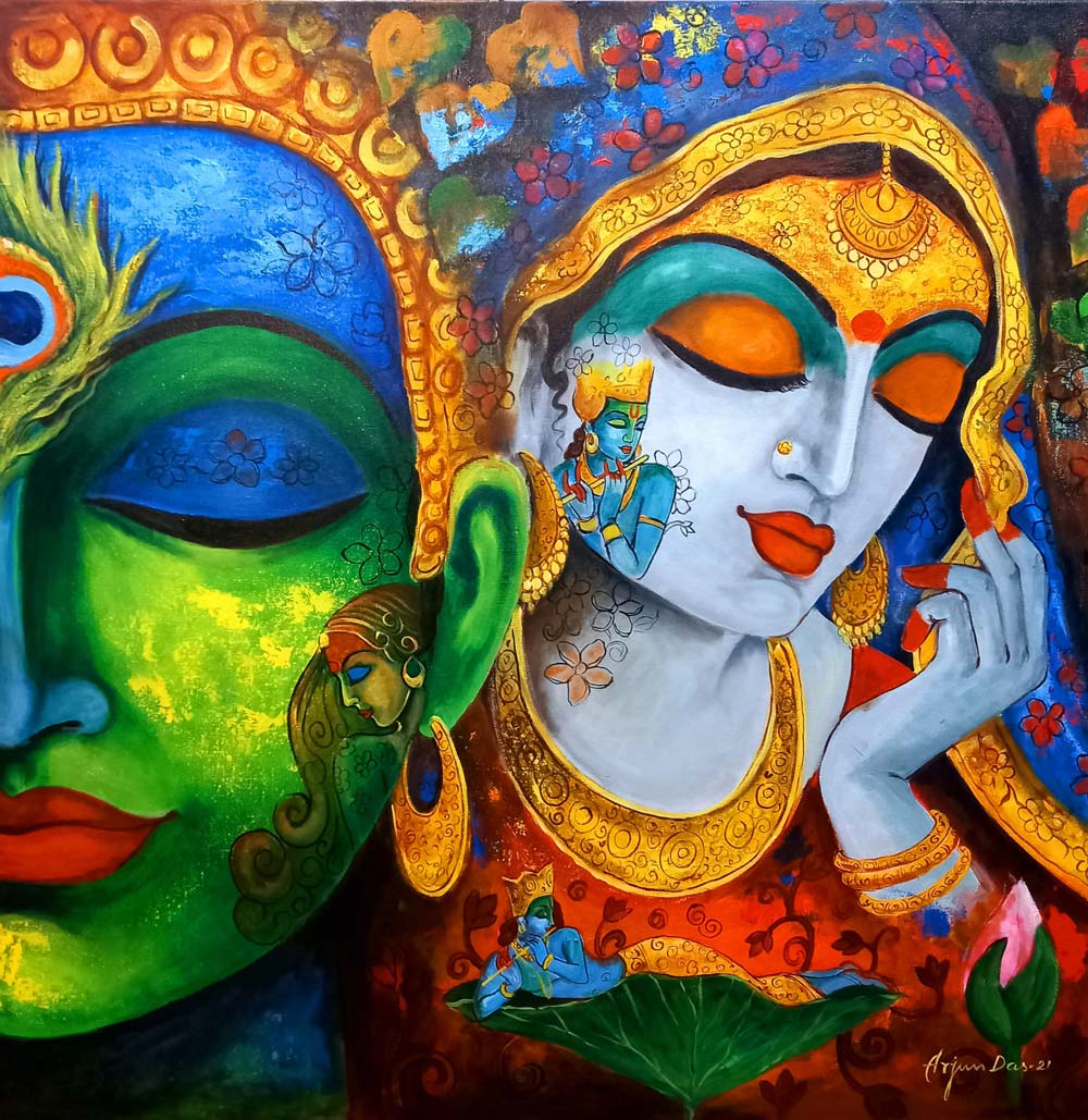 Figurative Painting with Acrylic on Canvas "Devotion of Krishna - 10" art by Arjun Das