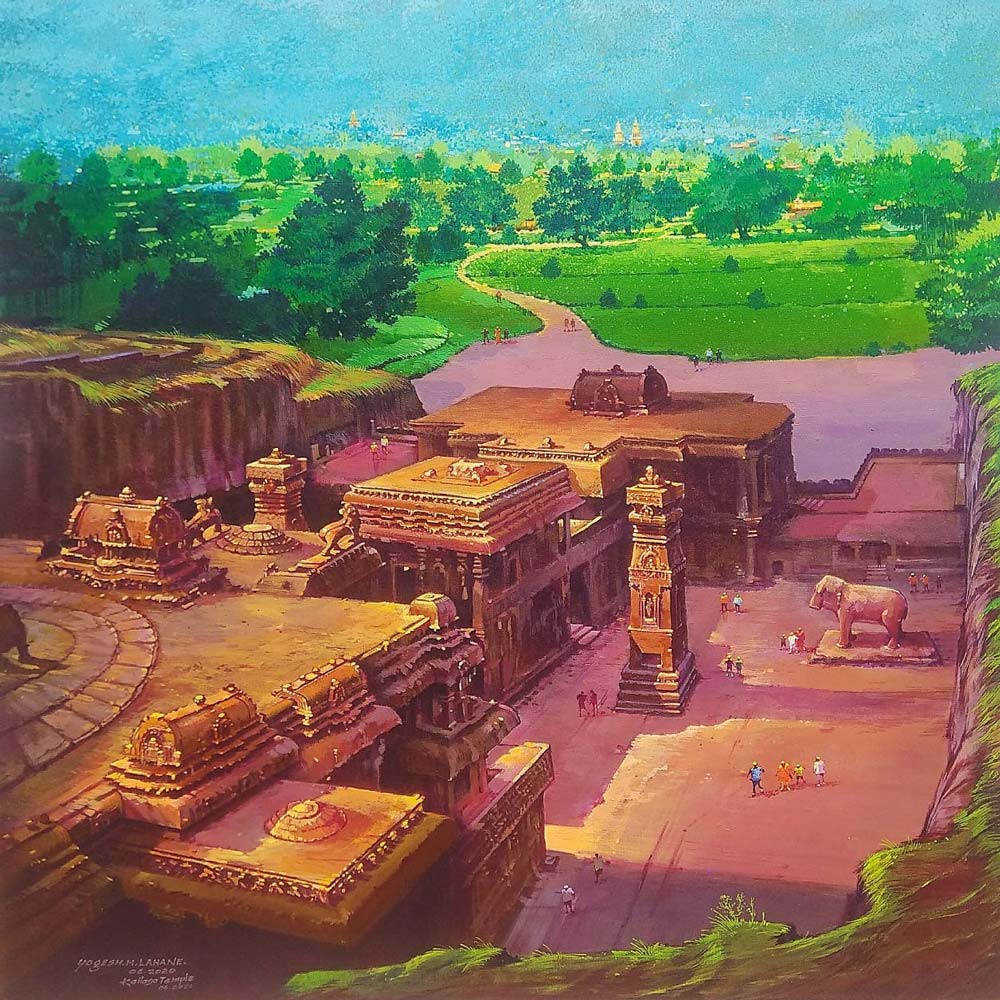 Realism Painting with Acrylic on Canvas "Ellora Kailash Temple" art by Yogesh Lahane