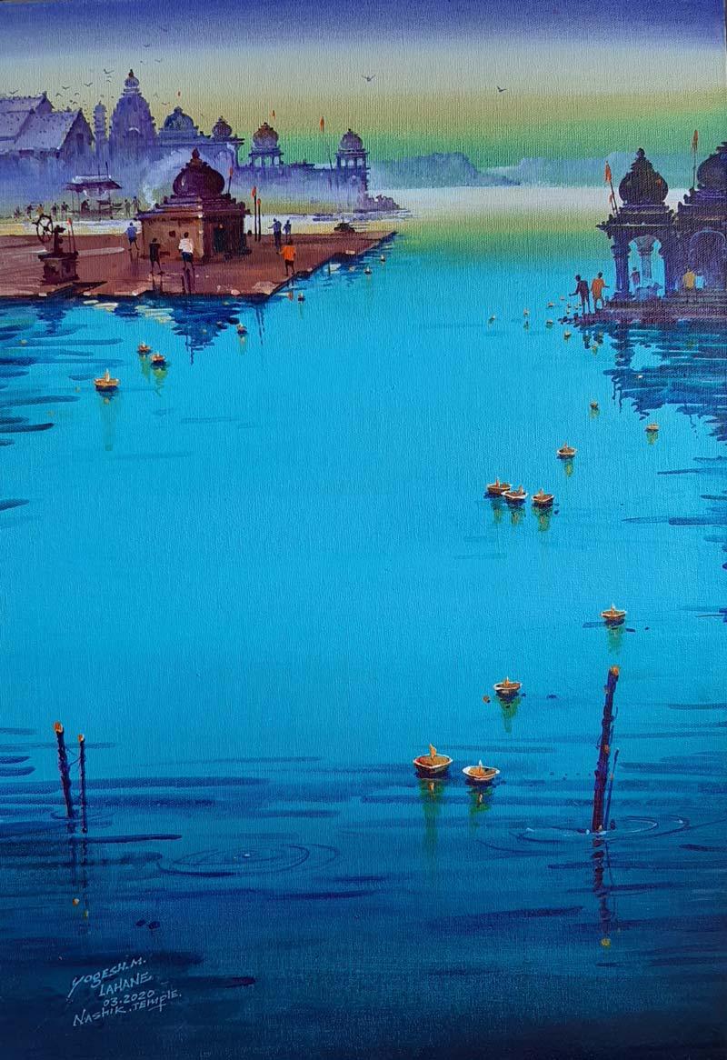 Realism Painting with Acrylic on Canvas "Nashik Ghat" art by Yogesh Lahane