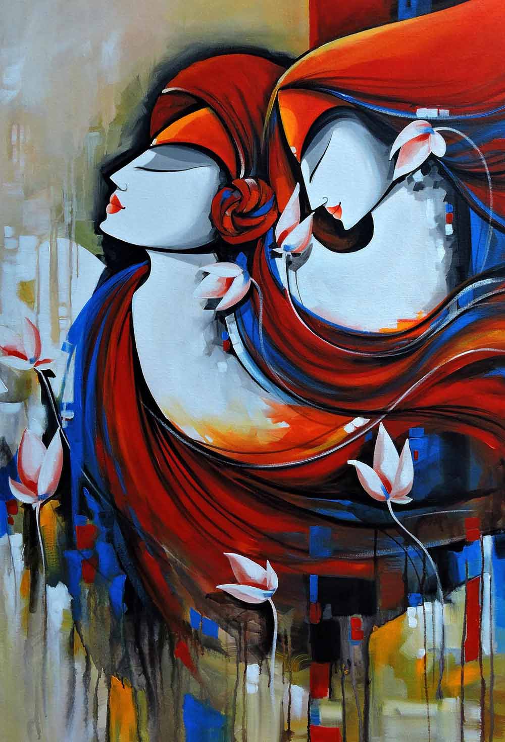 Folk Painting with Acrylic on Canvas "Loving Couple" art by Pradeesh K Raman 