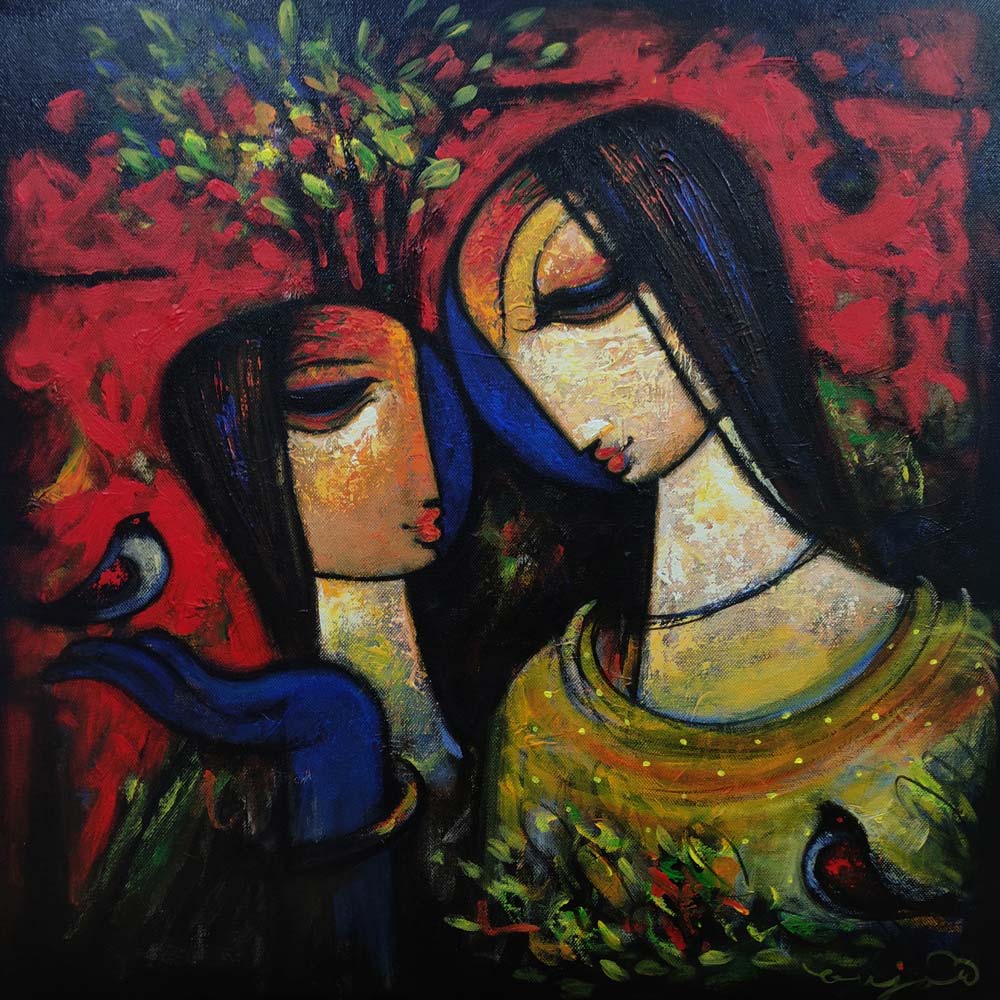 Figurative Painting with Acrylic on Canvas "Mother and Daughter" art by Ramesh P Gujar