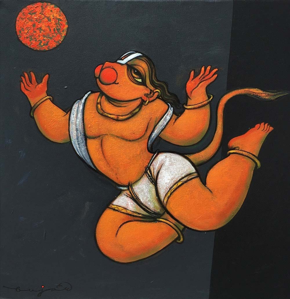 Figurative Painting with Acrylic on Canvas "Bal Hanuman" art by Ramesh P Gujar