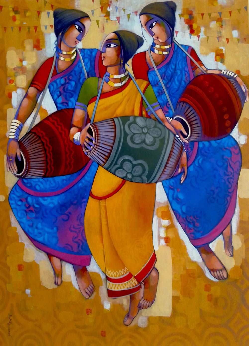 Figurative Painting with Acrylic on Canvas "Mridanga" art by Sekhar Roy