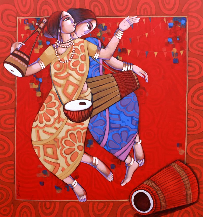 Figurative Painting with Acrylic on Canvas "Bengali Tune 3" art by Sekhar Roy