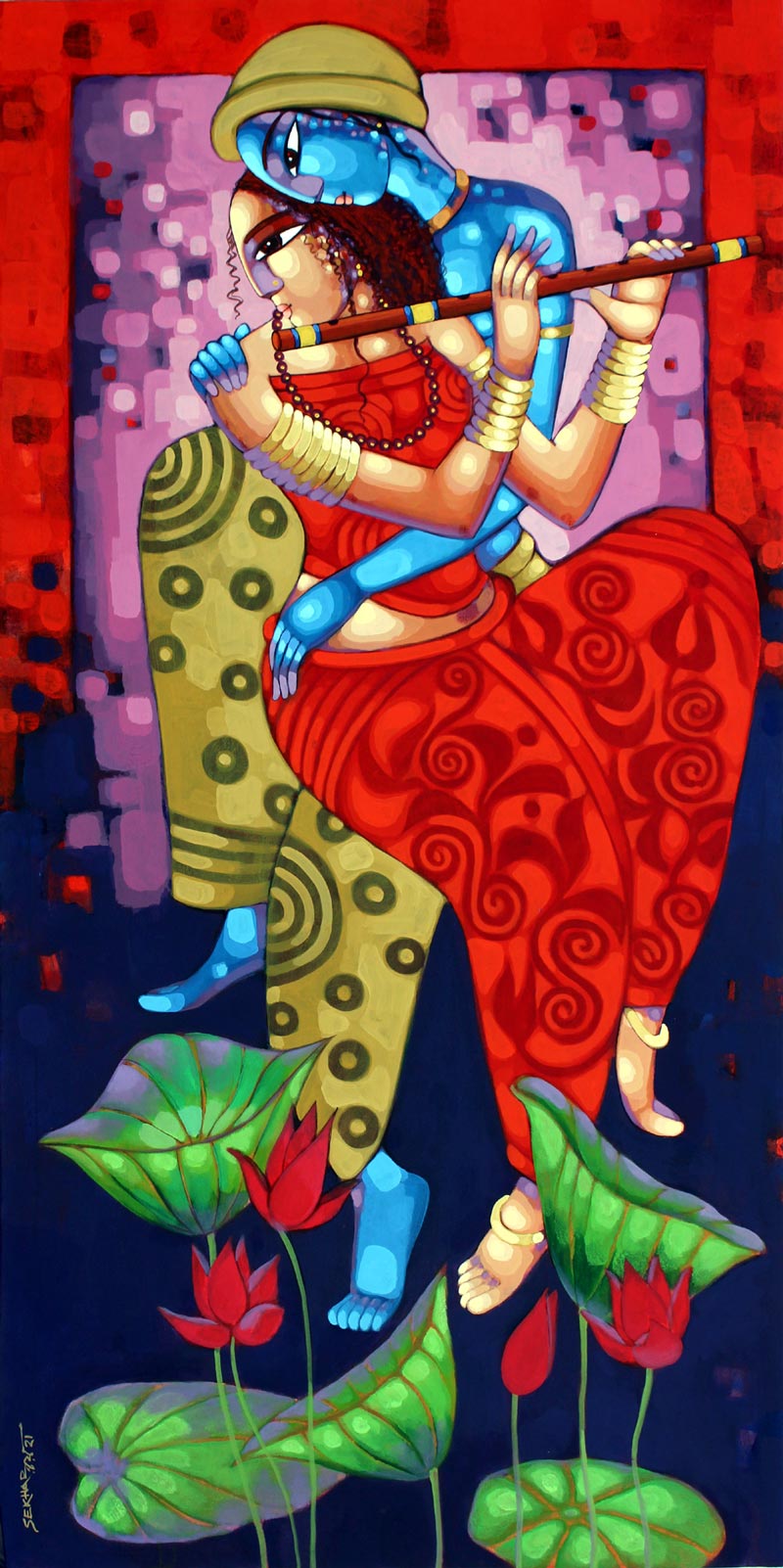 Figurative Painting with Acrylic on Canvas "Romantic Couple 2" art by Sekhar Roy