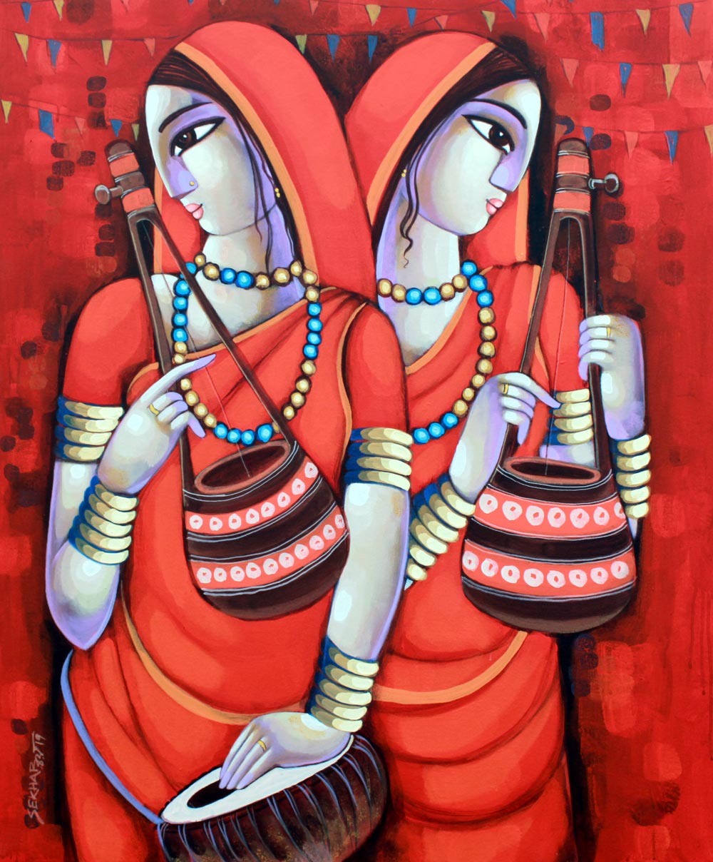 Figurative Painting with Acrylic on Canvas "Bengali Tune 2" art by Sekhar Roy