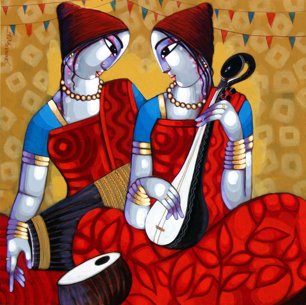 Figurative Painting with Acrylic on Canvas "Bengali Tune 3 (2022)" art by Sekhar Roy