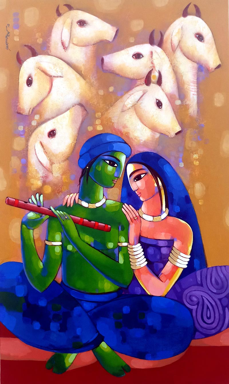 Figurative Painting with Acrylic on Canvas "Romantic Couple with Cows" art by Sekhar Roy