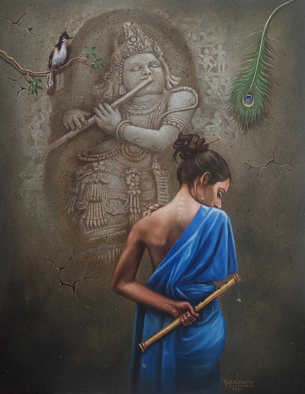 Figurative Painting with Oil on Canvas "Mira and Krishna" art by Gopal Sharma