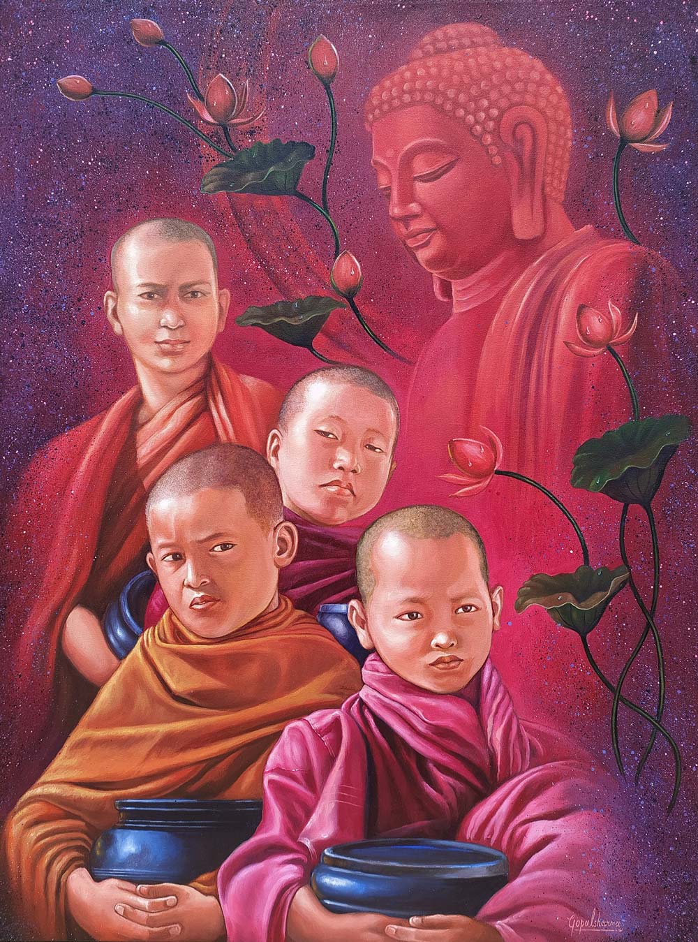 Figurative Painting with Acrylic on Canvas "Monk with Buddha" art by Gopal Sharma