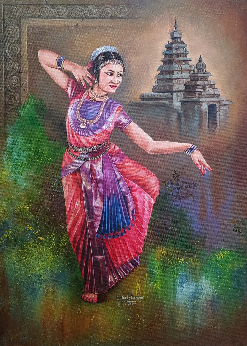 Figurative Painting with Oil on Canvas Board "Indian Dancer" art by Gopal Sharma