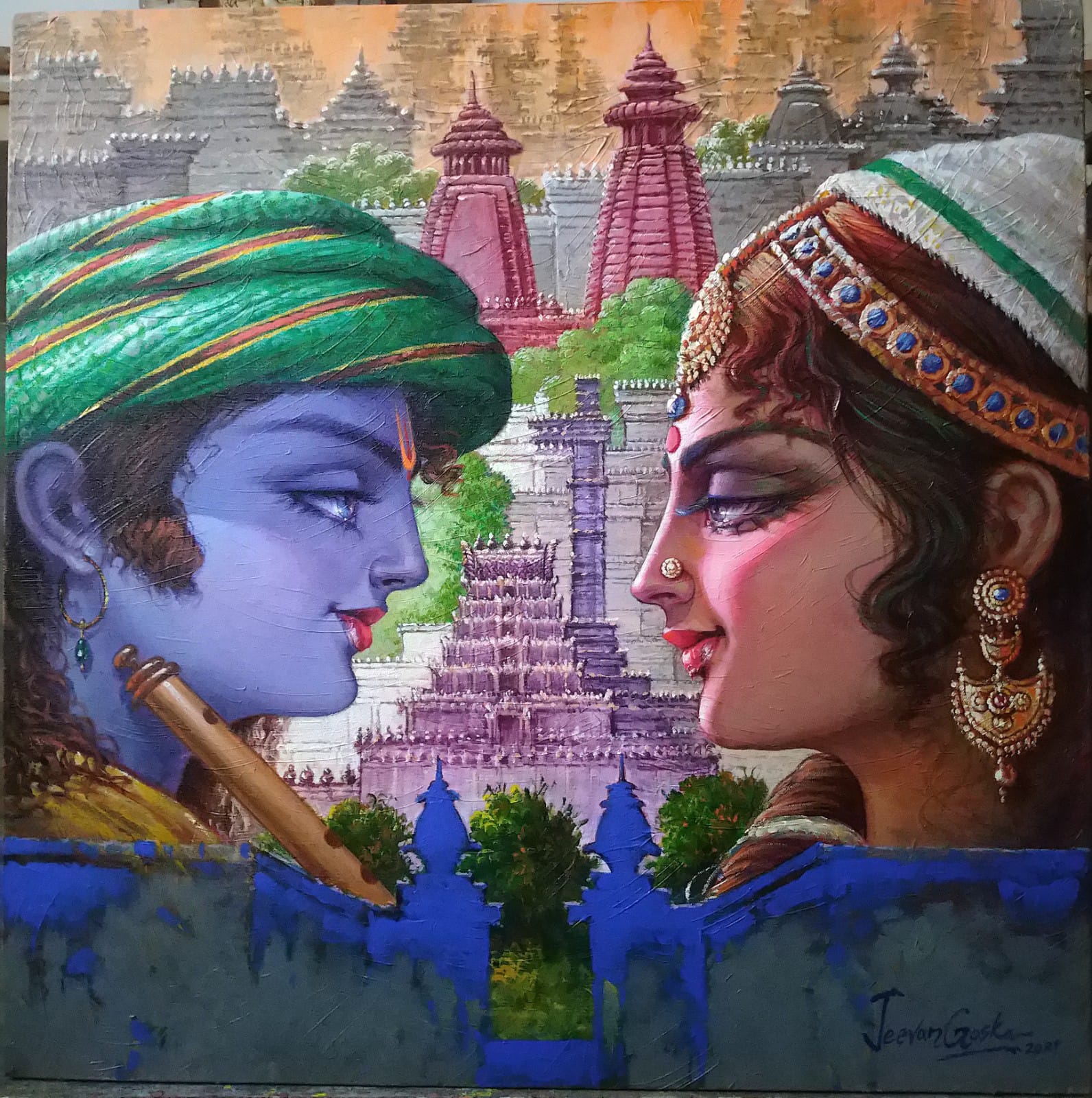 Figurative Painting with Acrylic on Canvas "Radha-Krishna-2" art by Jeevan Gosika