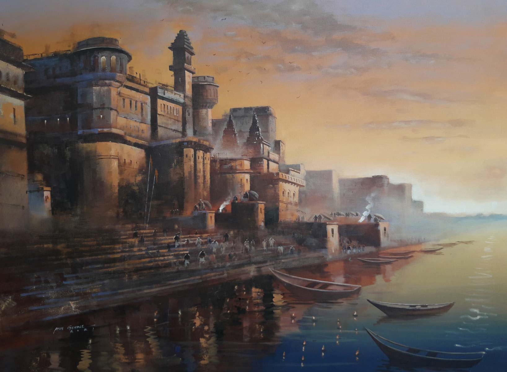 Realism Painting with Acrylic on Canvas "Varanasi-4" art by Atul Kishan Gendle