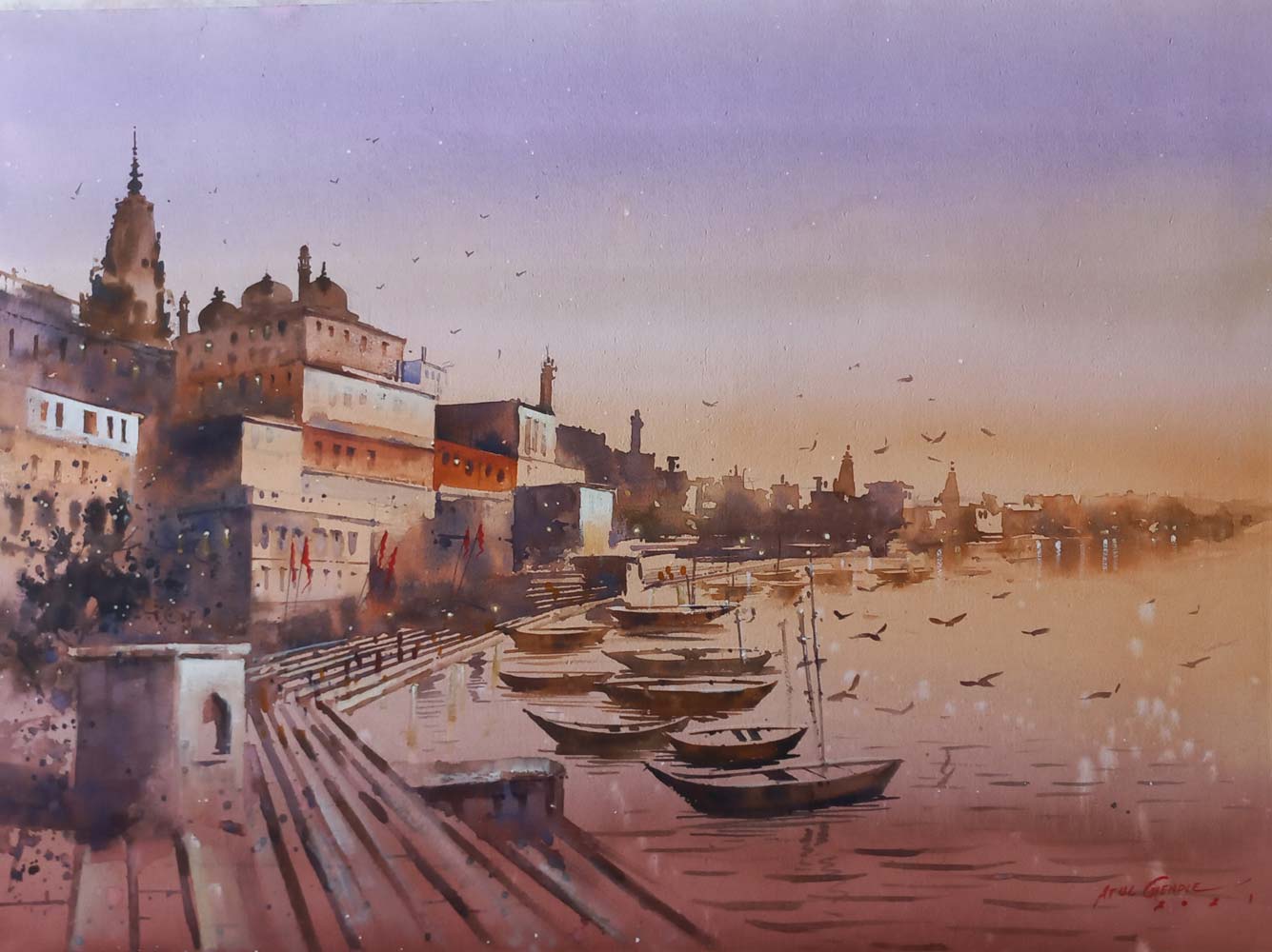 Realism Painting with Watercolor on Paper "Banaras Ghat" art by Atul Kishan Gendle