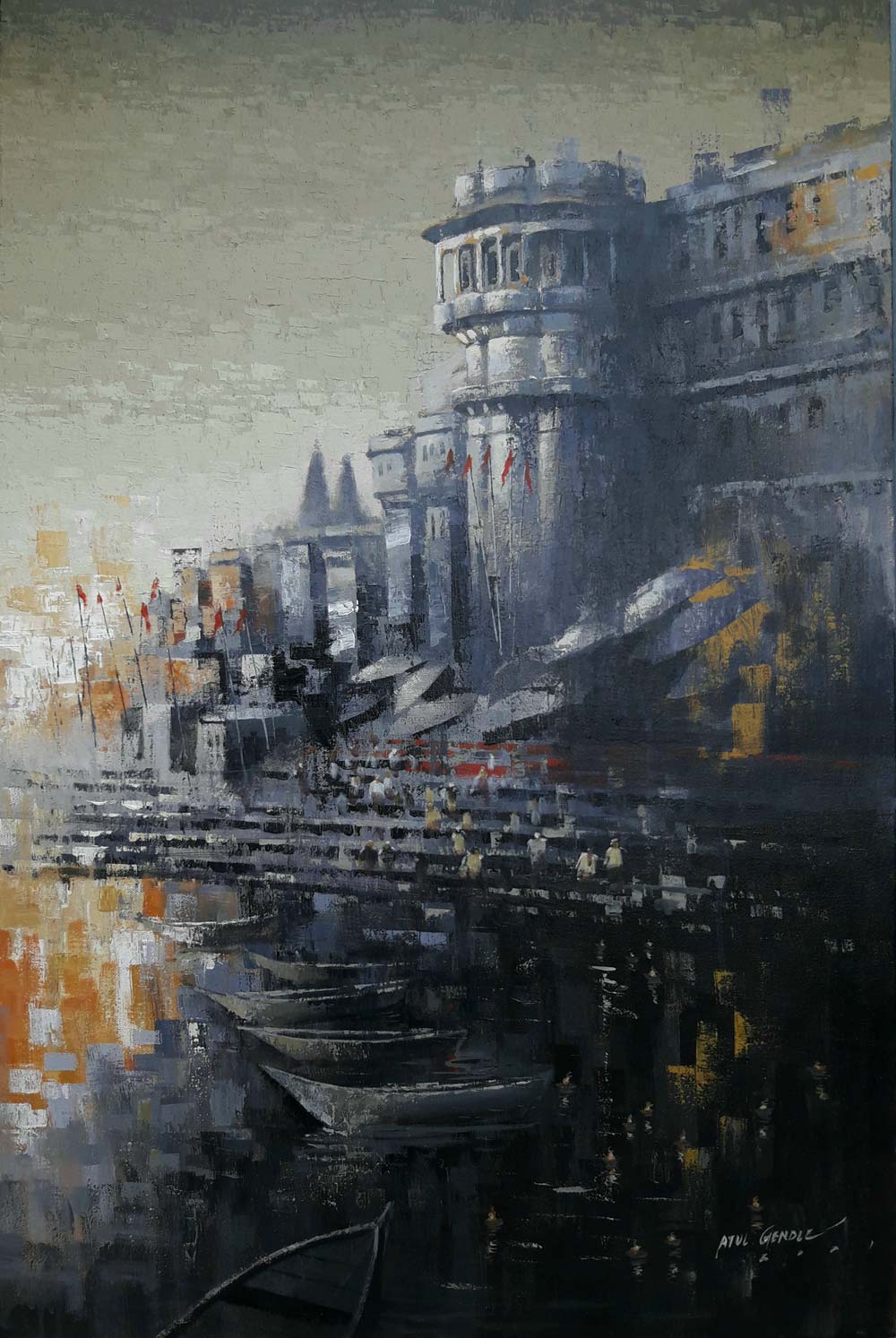 Realism Painting with Acrylic on Canvas "B&W Varanasi" art by Atul Kishan Gendle