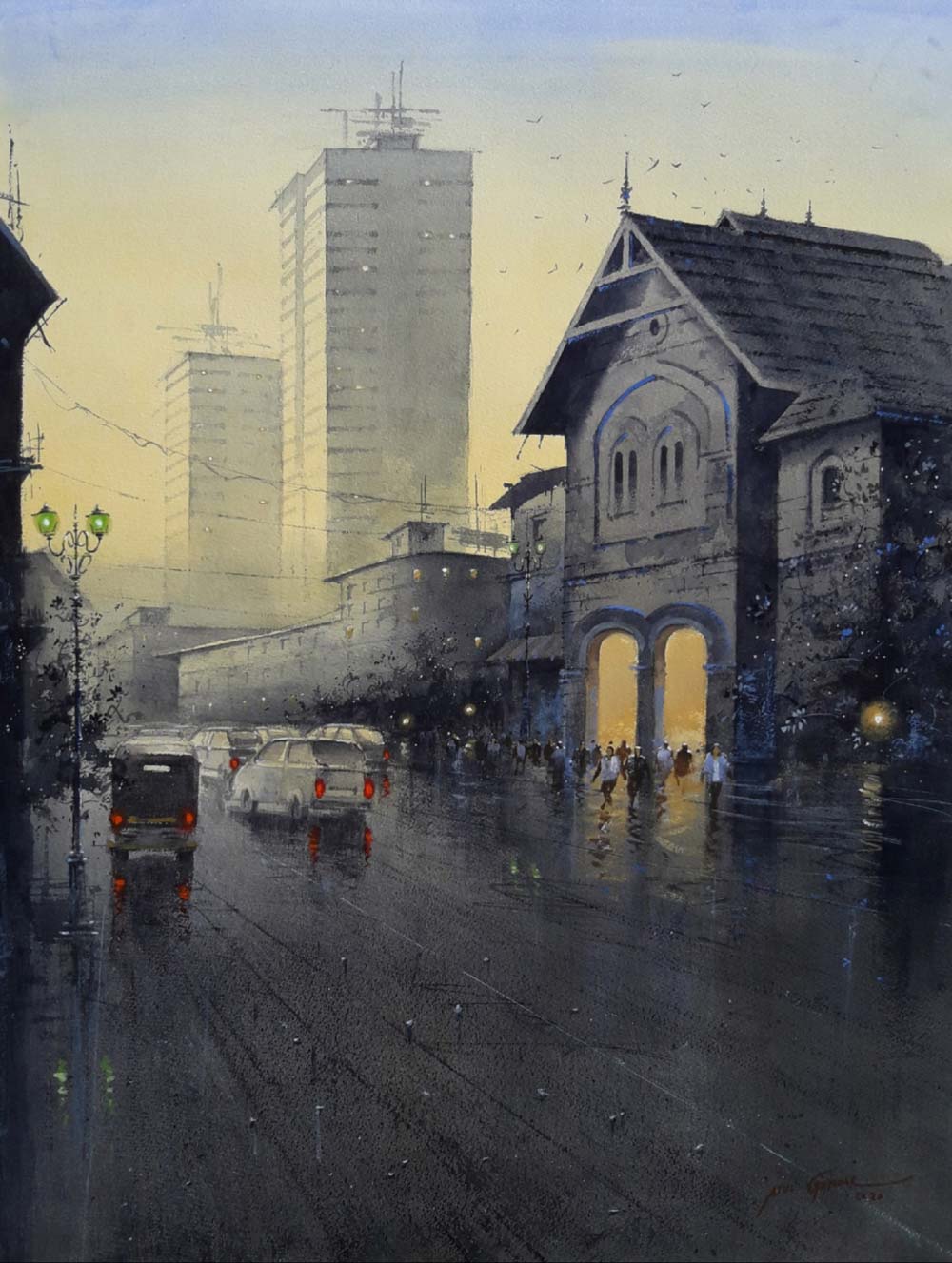 Figurative Painting with Watercolor on Paper "City Lights" art by Atul Kishan Gendle