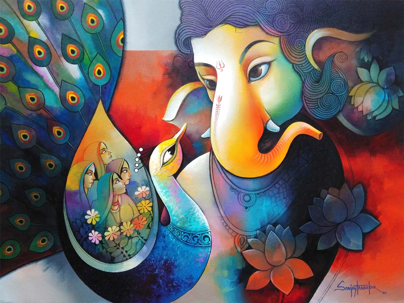 Figurative Painting with Acrylic on Canvas "Ganesha" art by Sanjay Tandekar
