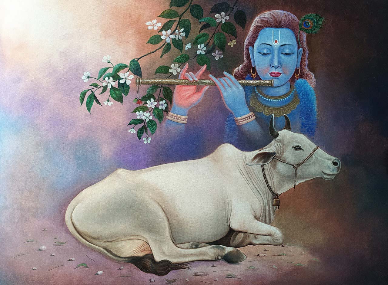 Realism Painting with Oil on Canvas "Lord Krishna and Cow" art by Gopal Sharma