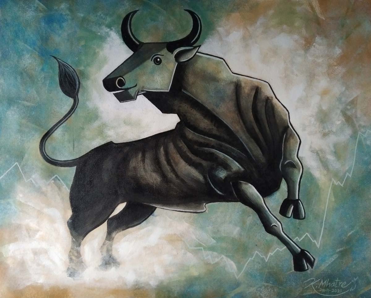 Figurative Painting with Acrylic on Canvas "Big Bull" art by Kirtiraj Mhatre