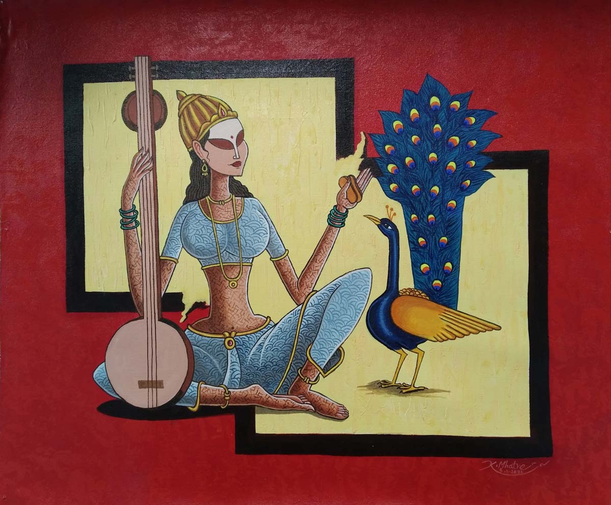 Figurative Painting with Acrylic on Canvas "Lakshmi" art by Kirtiraj Mhatre