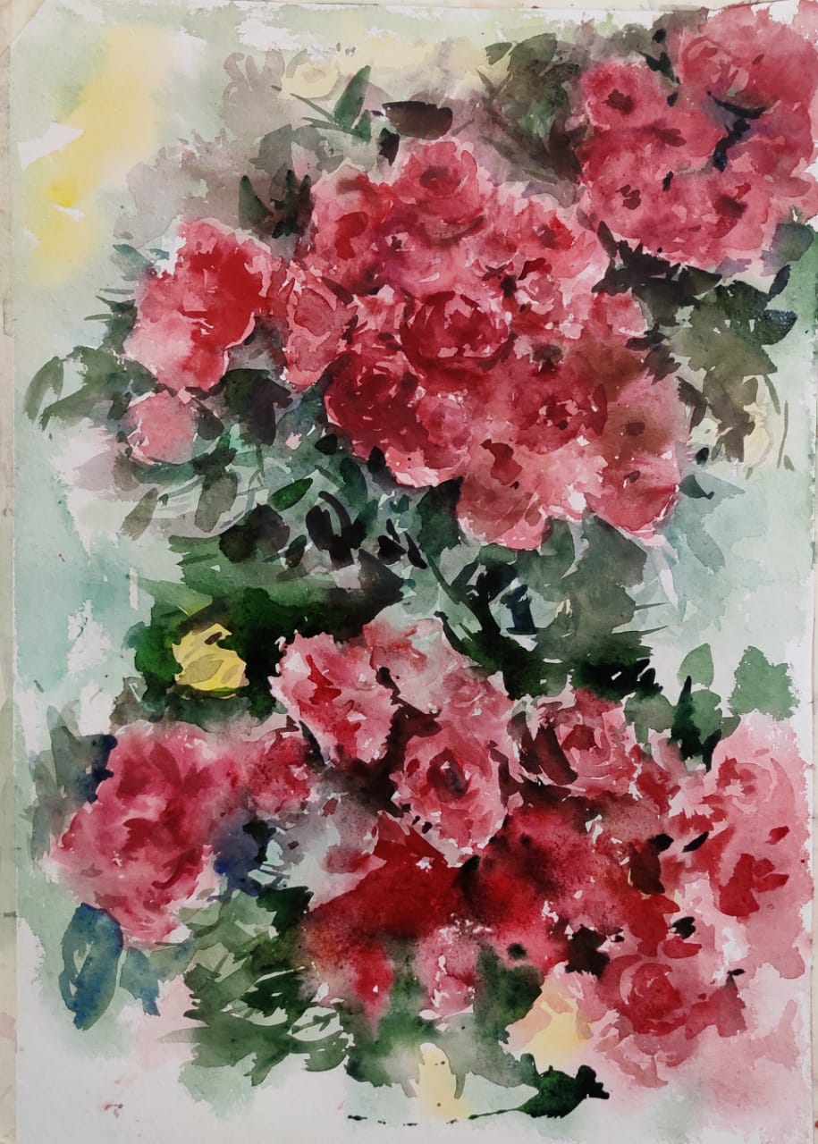 Realism Painting with Watercolor on Paper "The Pink Bloom" art by Shashi Lata