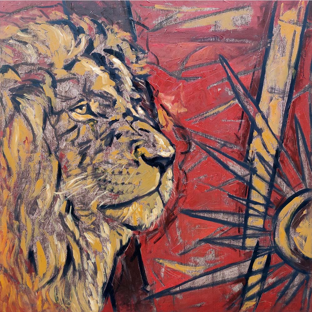 Figurative Painting with Oil on Canvas "Lion" art by Santoshkumar Patil