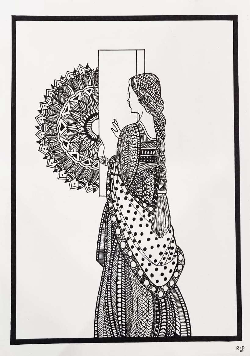 Figurative Drawing with Pen on Paper "Lady with the mirror-1" art by Ritu Dua