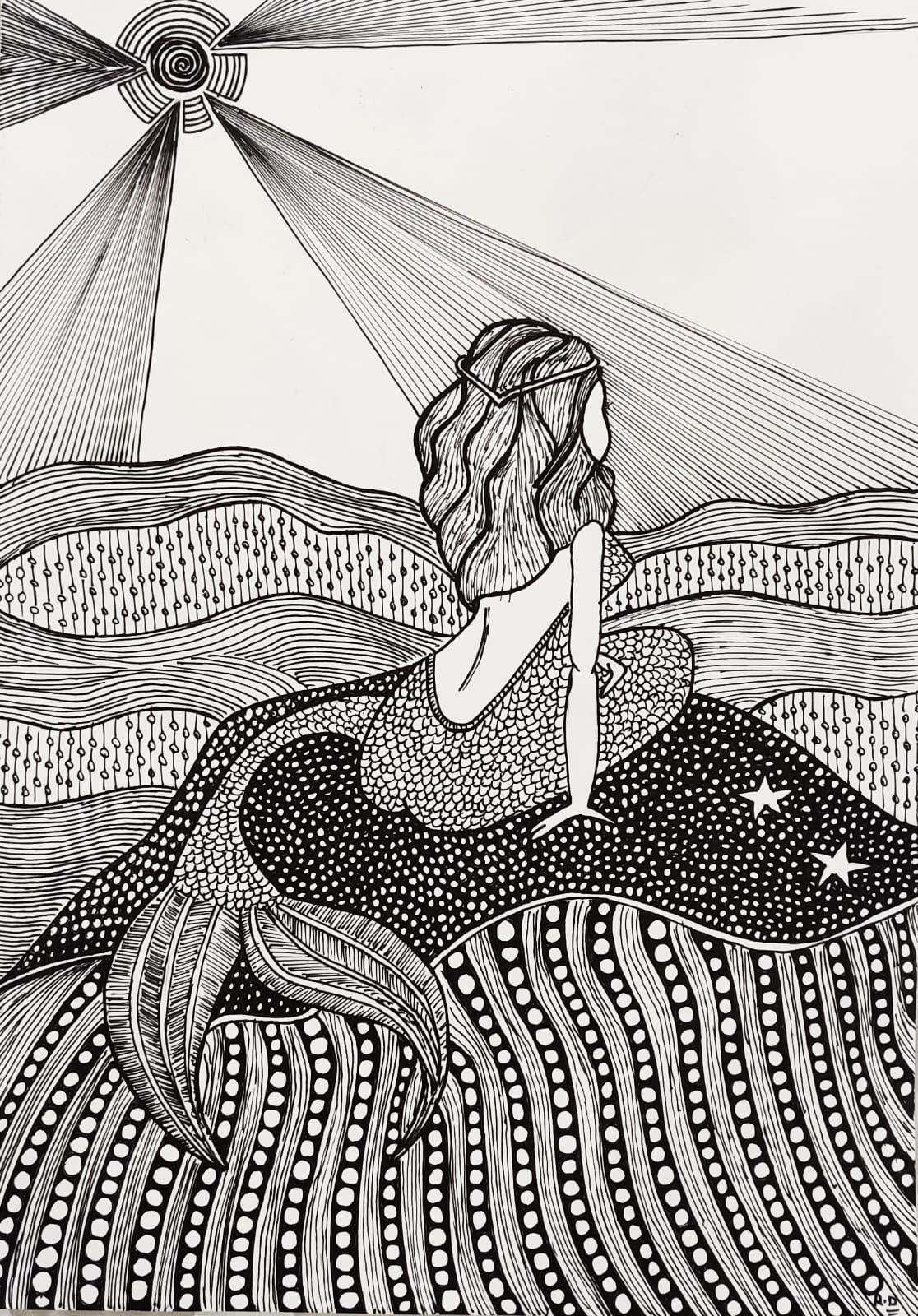 Figurative Drawing with Pen on Paper "Mermaid" art by Ritu Dua