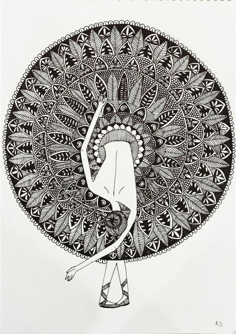 Figurative Drawing with Pen on Paper "Dancing Lady" art by Ritu Dua