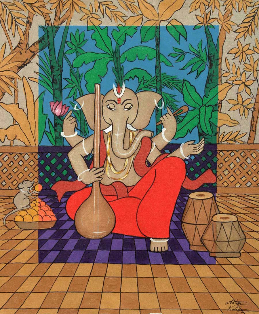 Figurative Painting with Acrylic on Canvas "Lord Ganesha" art by Chetan Katigar
