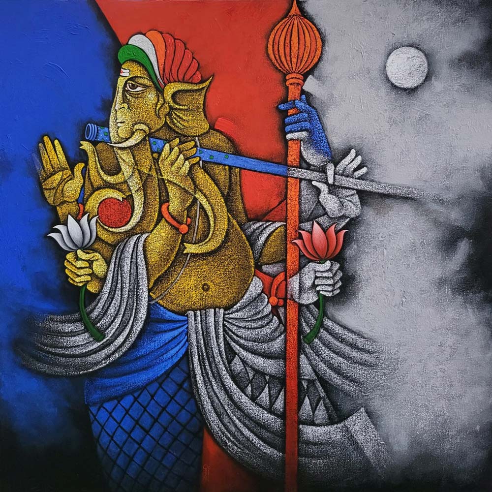 Figurative Painting with Acrylic on Canvas "Ganesh with Hanuman" art by Satyajeet Shinde 