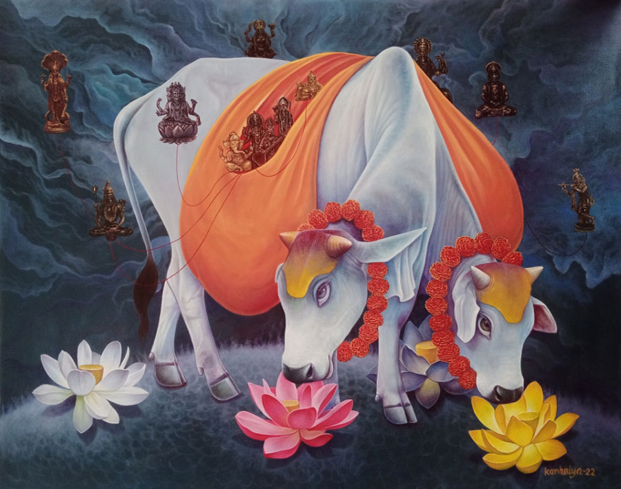 Realism Painting with Oil on Canvas "Holy Cow-2 (2022)" art by Kanhaiya Gupta