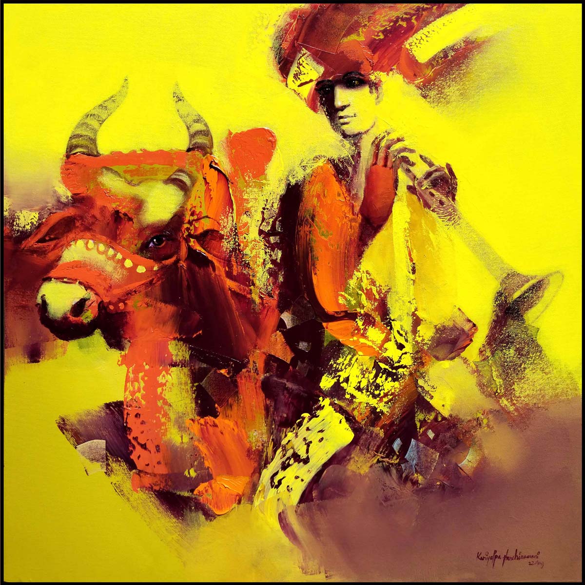 Contemporary Painting with Acrylic on Canvas "Kole Basawa" art by Kariyappa Hanchinamani