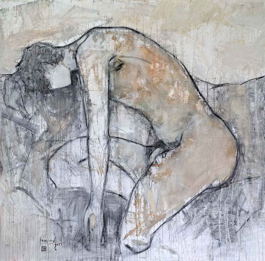 Semi Figurative Painting with Mixed Media on Paper "Untitled-EP14" art by Sanjiv Sankkpal