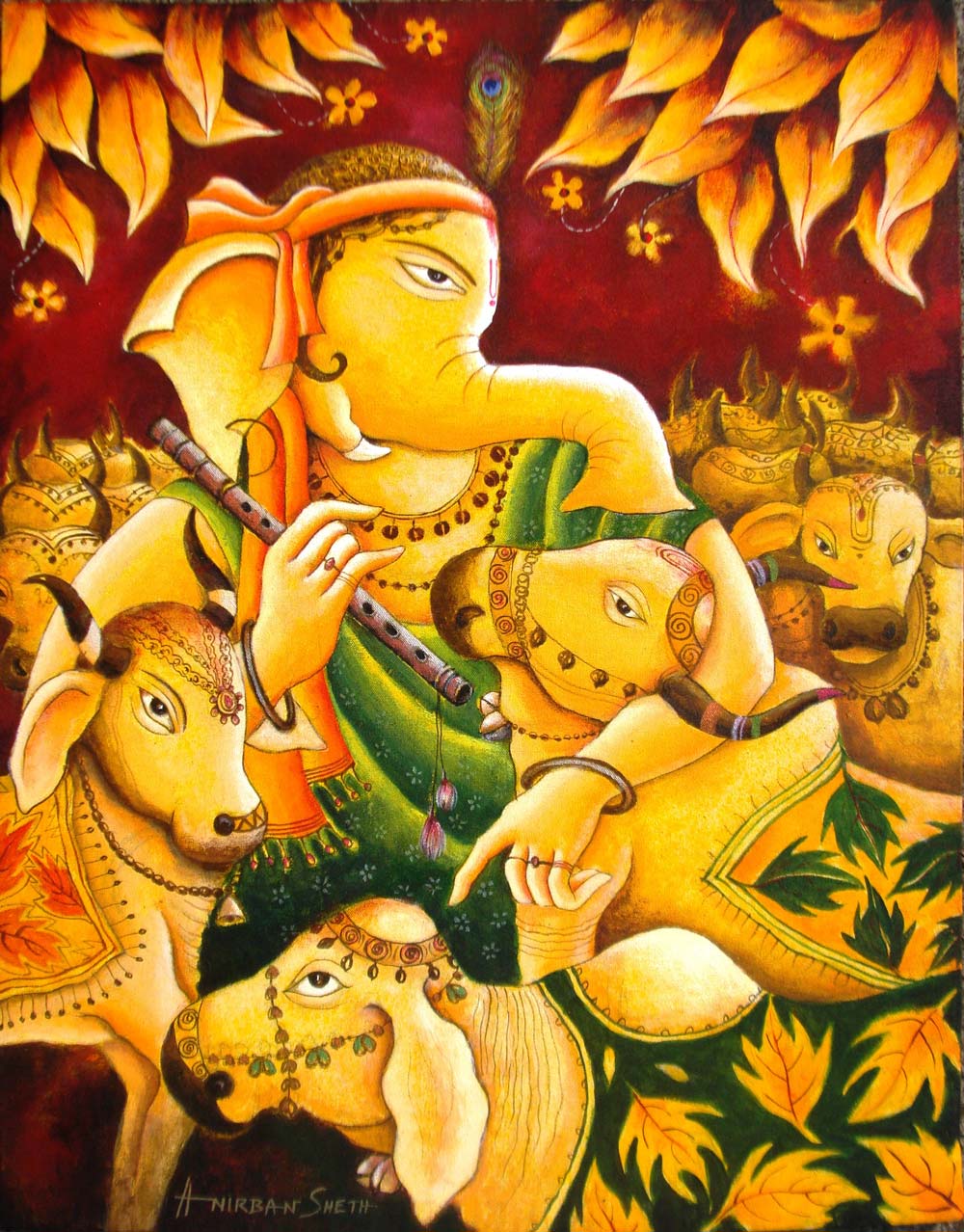 Figurative Painting with Acrylic on Canvas "Ganesha in Krishna" art by Anirban Seth