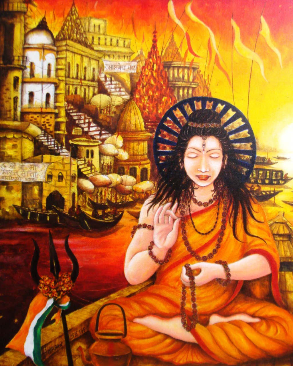 Figurative Painting with Acrylic on Canvas "Varanasi" art by Anirban Seth