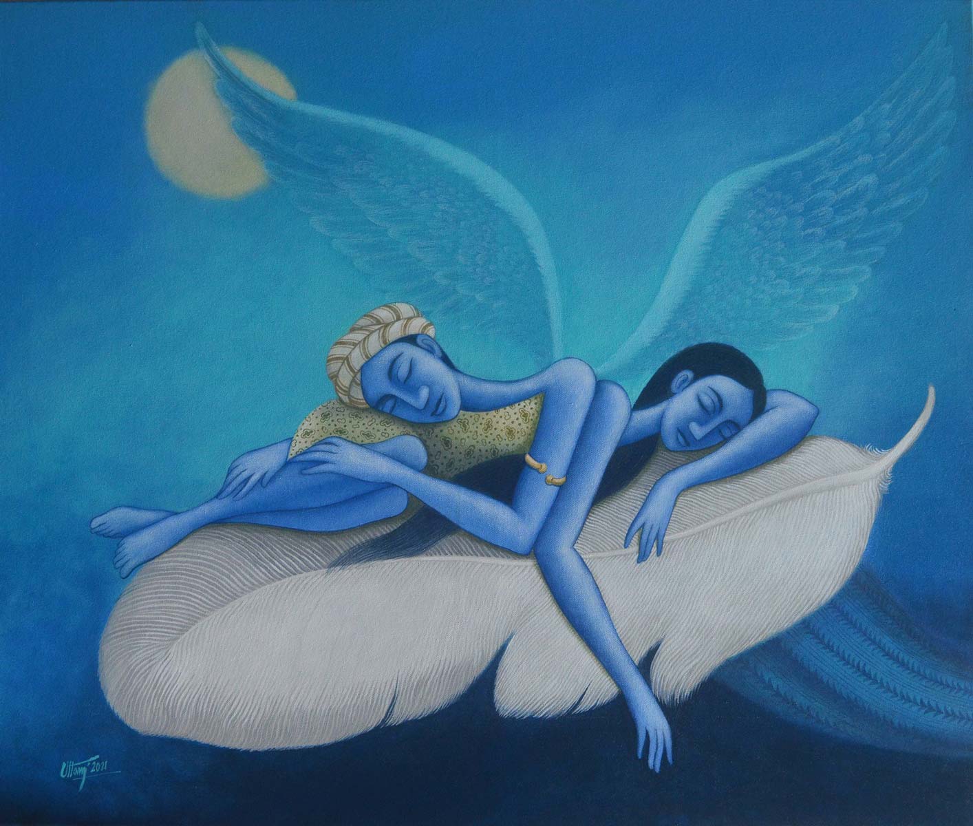 Figurative Painting with Acrylic on Canvas "Dream Love-1" art by Uttam Bhattacharya